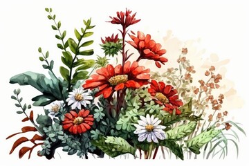 Wall Mural - Illustration of a bunch of flowers in watercolor, on a plain white background. Generative AI