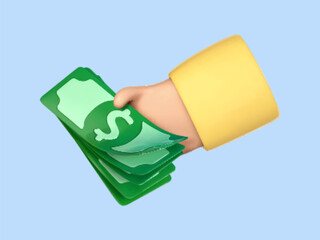 Wall Mural - 3D cartoon hand holding dollar bills. Concept of financial operation. Payment and Cash back. Money investment and business commerce. Vector 3d illustration