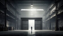A Man Standing In A Large Warehouse With A Bright Light Coming Through The Door And A Man Standing In The Doorway Cinematic Photography A Detailed Matte Painting Light And Space