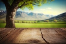 A Wooden Table With A Scenic Background Of A Tree And Mountains In The Background With A Blurry Image Of A Mountain Range 3 D Render A 3d Render Environmental Art
