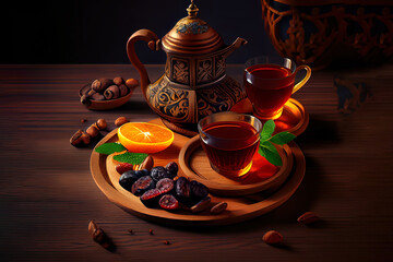 Wall Mural - Surprising Ramadan food and drinks concept. Ramadan wood rosary, tea, and dates fruits on dark background. Generative Ai