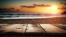 A Wooden Table Top With A Sunset In The Background At The Beach With Waves Crashing In Sunset A Stock Photo Dau-al-set