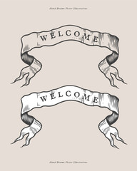 Poster - Two ribbons with the word Welcome in engraved style. Vintage ribbons with an inscription on a light background. Retro banner for your design. Monochrome vector illustration.