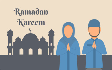 Wall Mural - ramadan kareem greeting design with a couple of muslim with mosque background with minimalist colour.