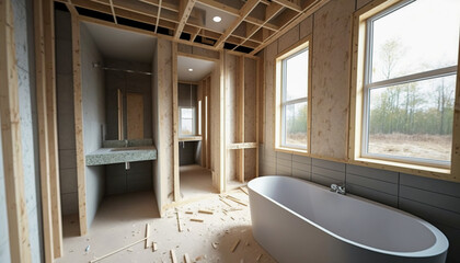 A Modern and Luxurious Bathroom Under Construction in a New House, Generative AI