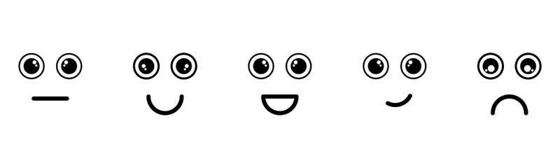 Wall Mural - Cute face expressions for cartoon character with big eyes for kids in different moods Happy, Sad, Laugh, Think and Mute emoji set. Face emotions vector illustrations set.