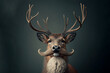 Horned sir deer wearing formal suit on dark colored background. Generative AI