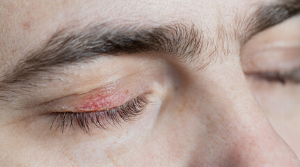 Peeling and swelling on the eyelid of the human eye.