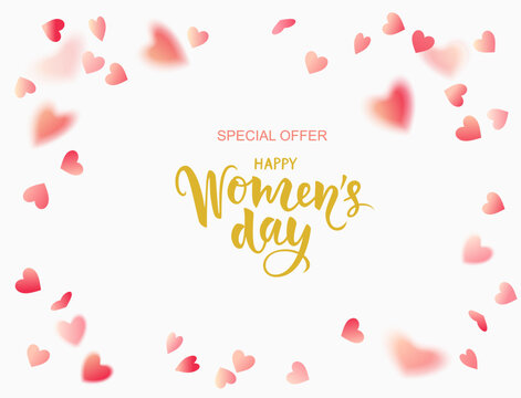 Happy Womens Day special offer. 8 March sale design template. Calligraphic lettering text with flying pink hearts confetti on white. Flat lay. Vector stock illustration.