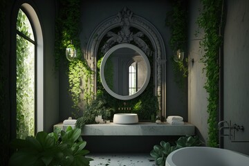 Poster - A luxurious modern bathroom adorned with lush green flora. Architectural Detailing. Generative AI