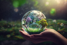 Hand Holding Crystal Earth Globe. Ecology Concept. Generative AI