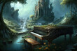 Beautiful piano in a magical fantasy landscape, sound of nature, Generative AI