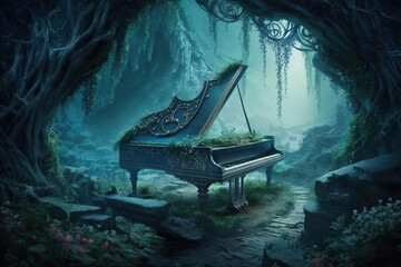 Wall Mural - Beautiful piano in a magical fantasy forest, Generative AI