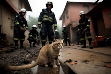 Cat Rescue Scene Involving Firefighters Or Volunteers In A Rural Chinese Village (AI Generated)