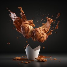 Fried Chicken Advertisement, Fried Chicken, Falling, Crispy, With Dipping Sauce