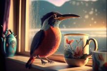 Good Morning Concept Illustration Of A Bird And A Cup Near The Window. Generative AI Illustration.