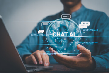 Wall Mural - Hand of businessman chatting with smart AI or artificial intelligence, Automate chatbot Digital, robot application, OpenAI generate. Futuristic technology.