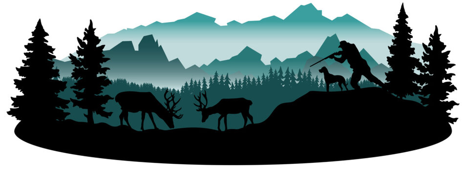 Fototapete - Wildlife forest woods mountains misty fog landscape hunt background banner illustration vector for logo - Silhouette of hunter and dog hunting, deer and forest trees fir, isolated on white background
