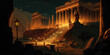 Greek Citadel - Acropolis at night, with torches and lamps illuminating the temples and monuments. Ancient Greece featuring a famous piece of architecture at night time. generative ai