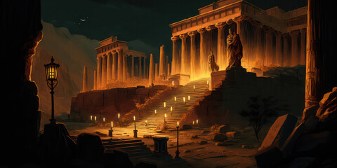 greek citadel - acropolis at night, with torches and lamps illuminating the temples and monuments. a