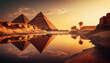 World famous pyramids in Egypt reflecting in pond, AI generated
