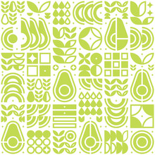 Abstract Artwork Of Avocado Pattern Icon. Simple Flat Vector Art, Illustration Symbol Of Cut Avocado, Seed, Flower, Leaf, In Silhouette. Modern Geometric Background Design, Fruit And Vegetable Theme.