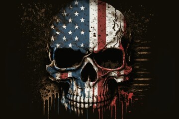 Wall Mural - Illustration of a rusted metal skull made from the colors of the American flag. American horror in metal. Generative AI