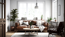 Decorated Living Room Interior With Luxurious Sofa, Indoor Plants, Coffee Table, And Natural Light Coming From Giant Windows, Against White Wall Background. 3d Illustration. Generative AI 