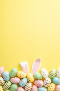 easter celebration concept. top view vertical photo of colorful easter eggs and easter bunny ears on