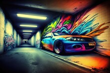 Building With Walls Covered In Colorful Car Graffiti Created Using Generative Ai Technology