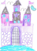 Children's Drawing Of A Fairytale Fortress. Pencil Art In Childish Style