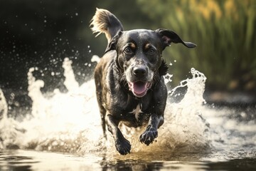 Black labrador dog running in water over grass created using generative ai technology