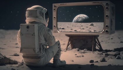 Wall Mural - astronaut watching tv on the moon surface, made with generative ai