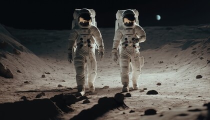 Wall Mural - astronauts walking on the moon surface watching earth, made with generative ai