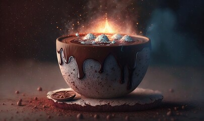 Poster -  a chocolate cup with a lit candle on top of it.  generative ai