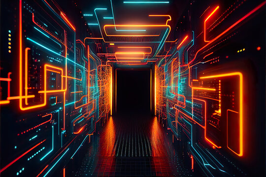 Wall Mural - Background wall with yellow orange blue neon lines and rays. Background dark corridor with neon light. Generative AI.
