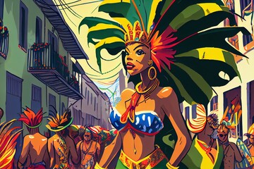 Carnival Parade On The Street In Rio De Janeiro, Art Illustration. Generative AI