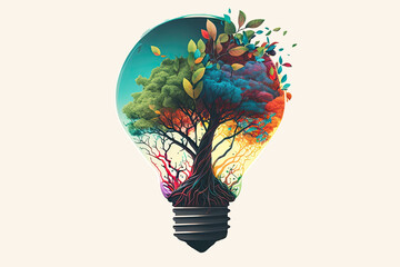 Illustration depicting a tree growing out of a light bulb in bright modern colors. Generative AI