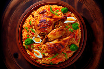 Wall Mural - Arabic food: kabsa with chicken and almonds close-up on a plate. Generative Ai
