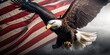 Bald Eagle with American flag. Generative AI.