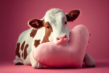 Cute ValentineS Day Card Image Of An Adorable White And Brown Cow Playing With A Heart-Shaped Pillow On A Pink Background,. Generative AI