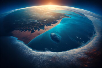 Wall Mural - Curvature Of Planet Earth. Aerial View Of Blue Planet From Space. Sunrise Over Globe Land And Ocean. Generative AI