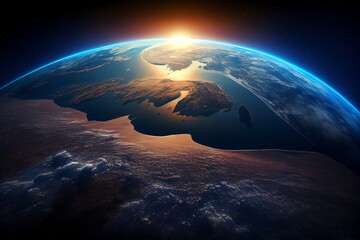 Wall Mural - Curvature Of Planet Earth. Aerial View Of Blue Planet From Space. Sunrise Over Globe Land And Ocean. Generative AI