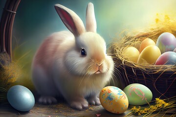 Wall Mural - Easter Bunny And Easter Eggs, Art Illustration. Generative AI