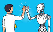 Businessman and robot communication idea. Humans and AI work together and succeed. Human and artificial intellect high five. Vector illustration in a draw, sketch, and doodle style.