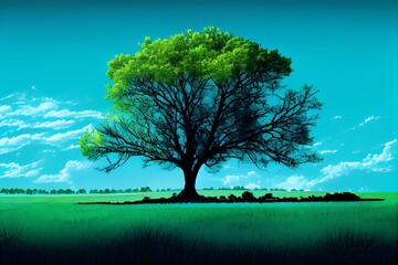 Wall Mural - Green Field, Tree And Blue Sky.Great As A Background,Web Banner. Generative AI