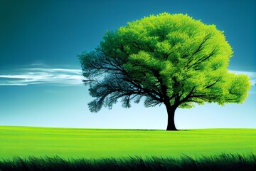 Wall Mural - Green Field, Tree And Blue Sky.Great As A Background,Web Banner. Generative AI