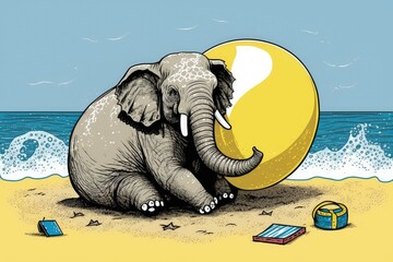 Poster - An elephant relaxing on a beach ball. This is an example of. Generative AI