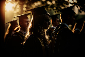 Silhouette of university graduation students with beautiful sunlight. Generative ai
