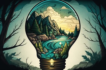 Sticker - The Ecoloy illustration light bulb depicts a symbol for renewable energy and a pristine natural scene. Generative AI